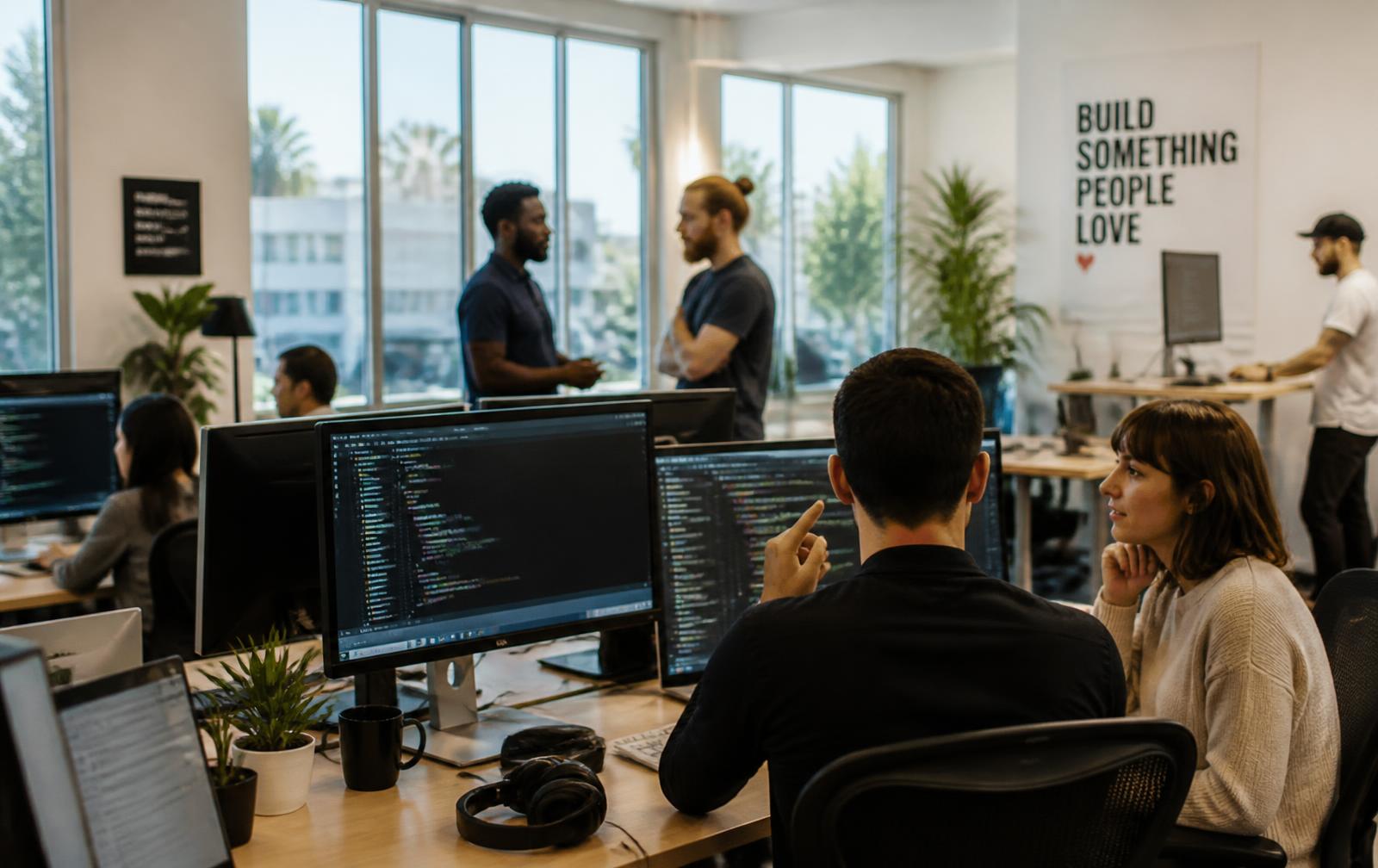 EnterApp developers reviewing application code together in the studio