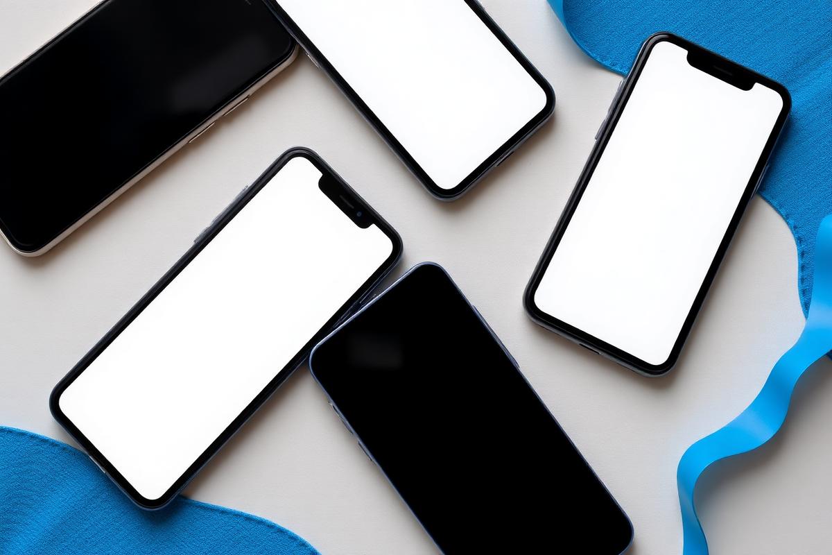Mobile application screens shown on several smartphones